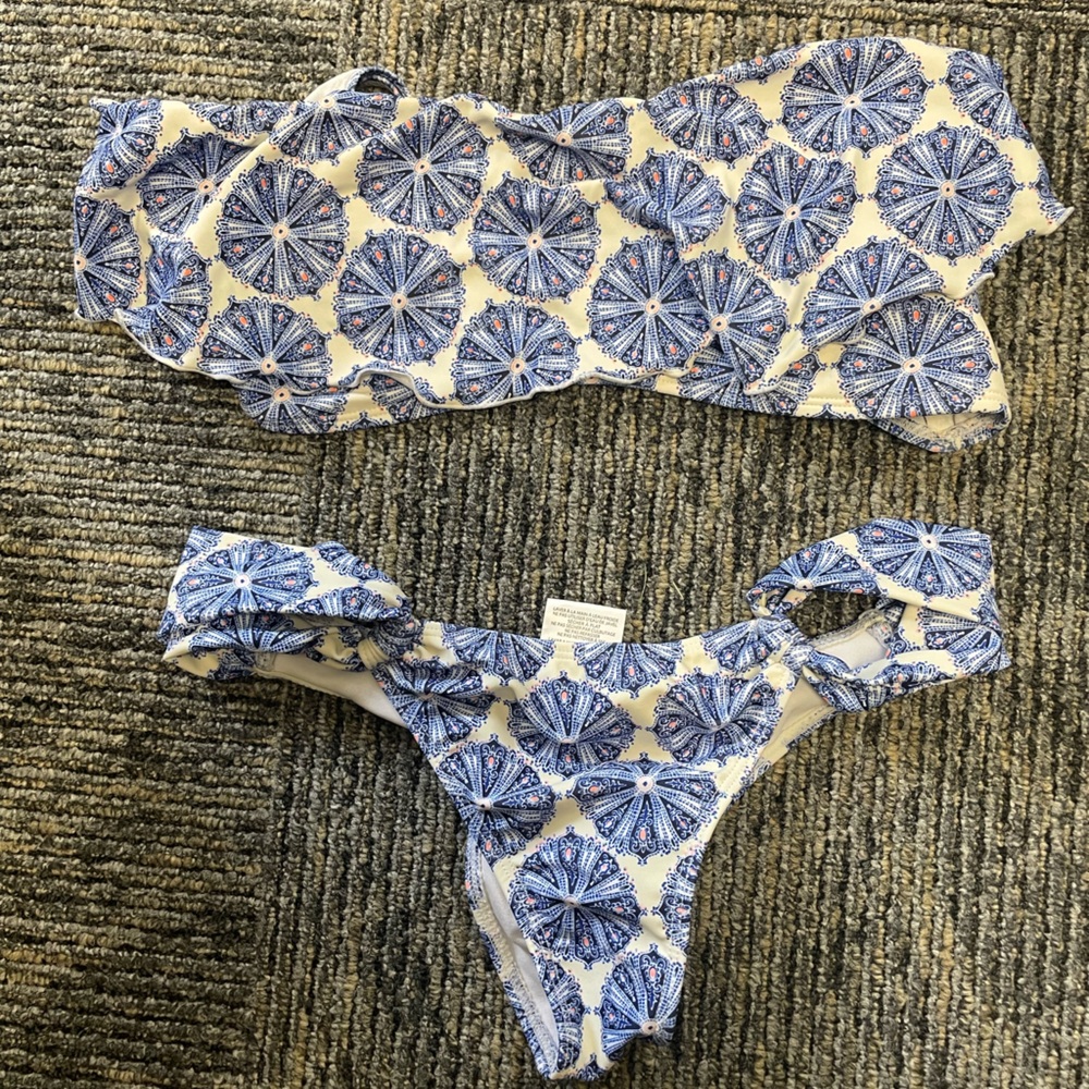 Blue and White bikini. Strapless cheeky.